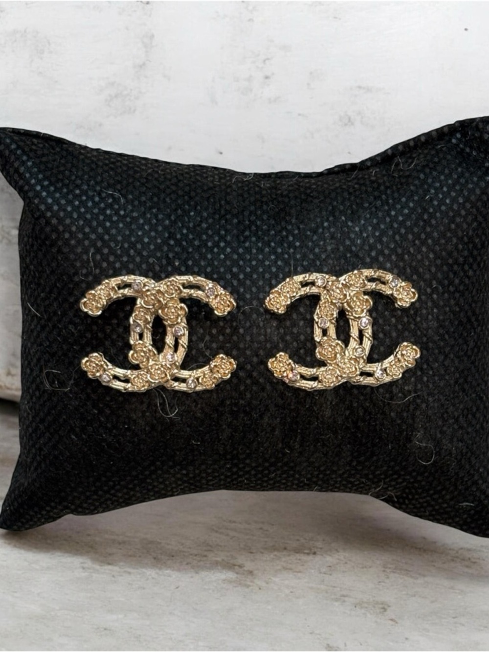 Upcycled Stamped Gold Double-C Logo Earrings w/ Rose details - Quarter Sz